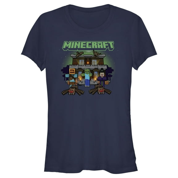 Junior's Minecraft Halloween Creeper Haunted House  Graphic Tee Navy Blue Medium