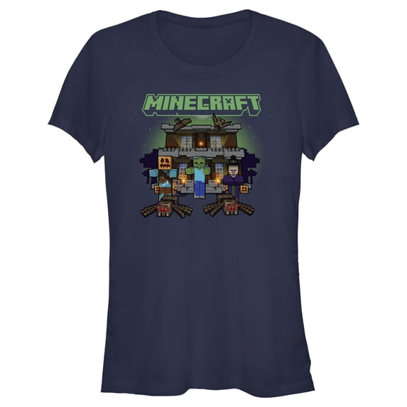 Junior's Minecraft Halloween Creeper Haunted House Graphic Tee Navy Blue Small