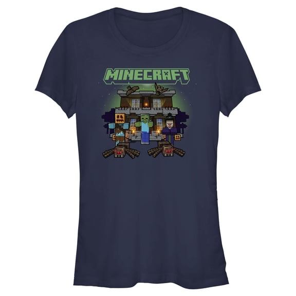 Junior's Minecraft Halloween Creeper Haunted House Graphic Tee Navy Blue X Large