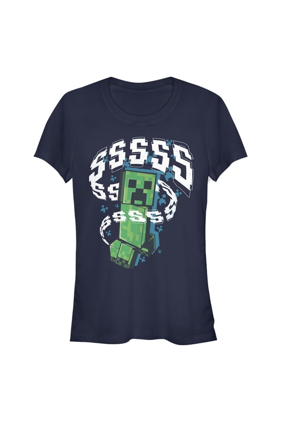 Junior's Minecraft SSSS Creeper Graphic Tee Navy Blue Medium
