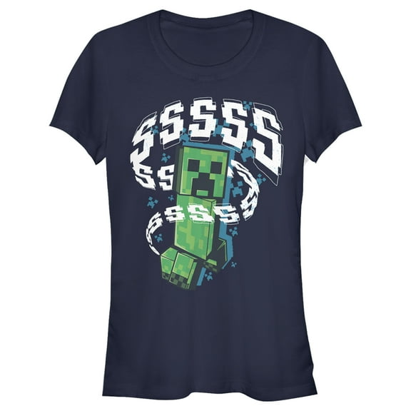 Junior's Minecraft SSSS Creeper Graphic Tee Navy Blue Medium