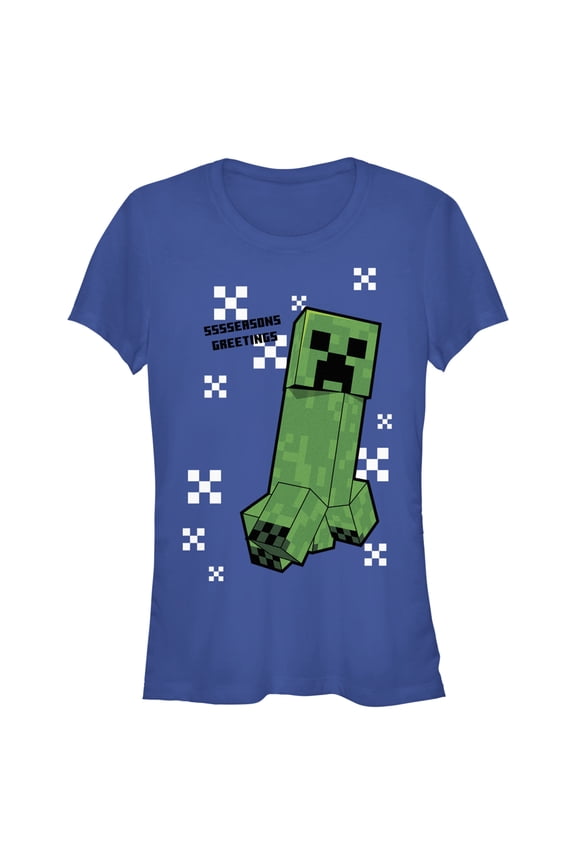 Junior's Minecraft SSSSeasons Greetings Creeper  Graphic Tee Royal Blue X Large