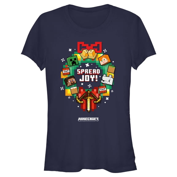 Junior's Minecraft Spread Joy Wreath  Graphic Tee Navy Blue Medium