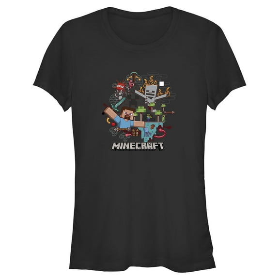 Junior's Minecraft Steve and Skeleton  Graphic Tee Black Medium