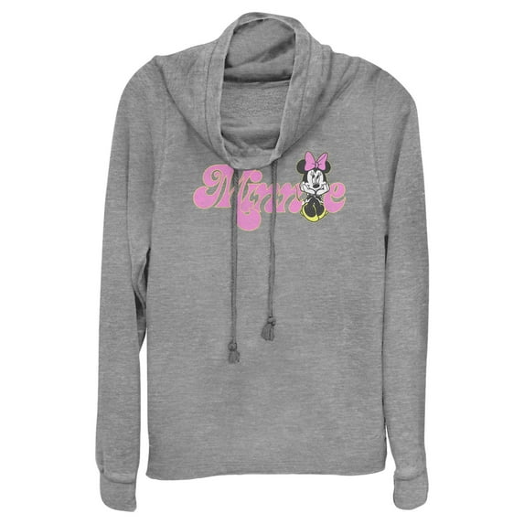 Junior's Minnie Mouse Distressed Retro Logo Cowl Neck Sweatshirt Gray Heather 2X Large