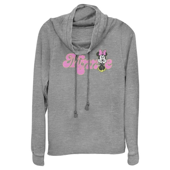 Junior's Minnie Mouse Distressed Retro Logo  Cowl Neck Sweatshirt Gray Heather Large