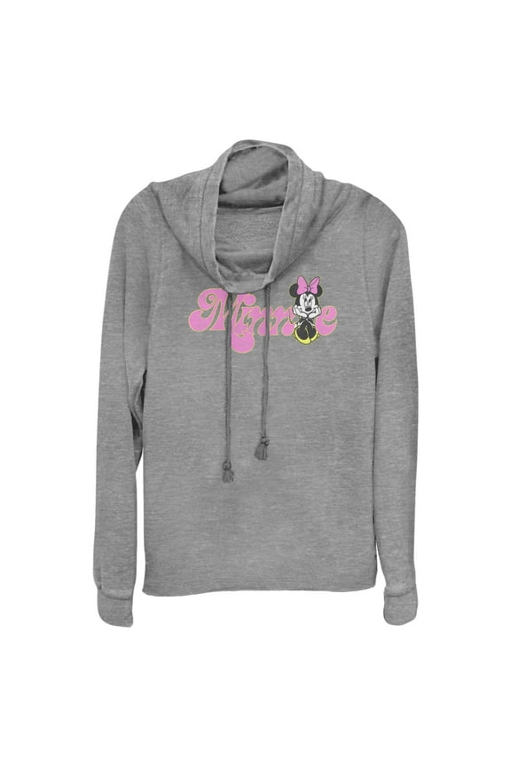 Junior's Minnie Mouse Distressed Retro Logo Cowl Neck Sweatshirt Gray Heather Large