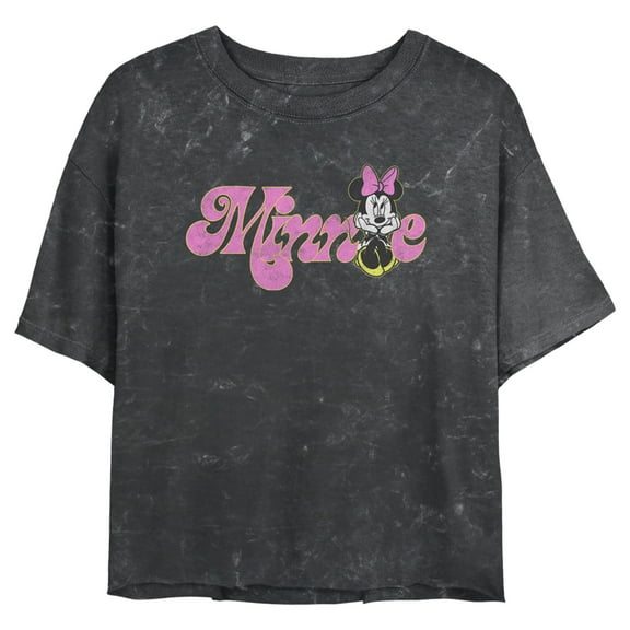 Junior's Minnie Mouse Distressed Retro Logo Crop Graphic Tee Black 2X Large