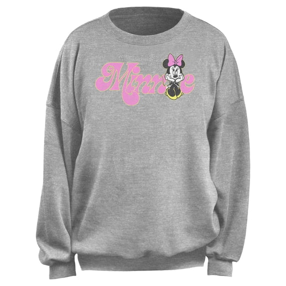 Junior's Minnie Mouse Distressed Retro Pink Logo Sweatshirt Heather Gray Large