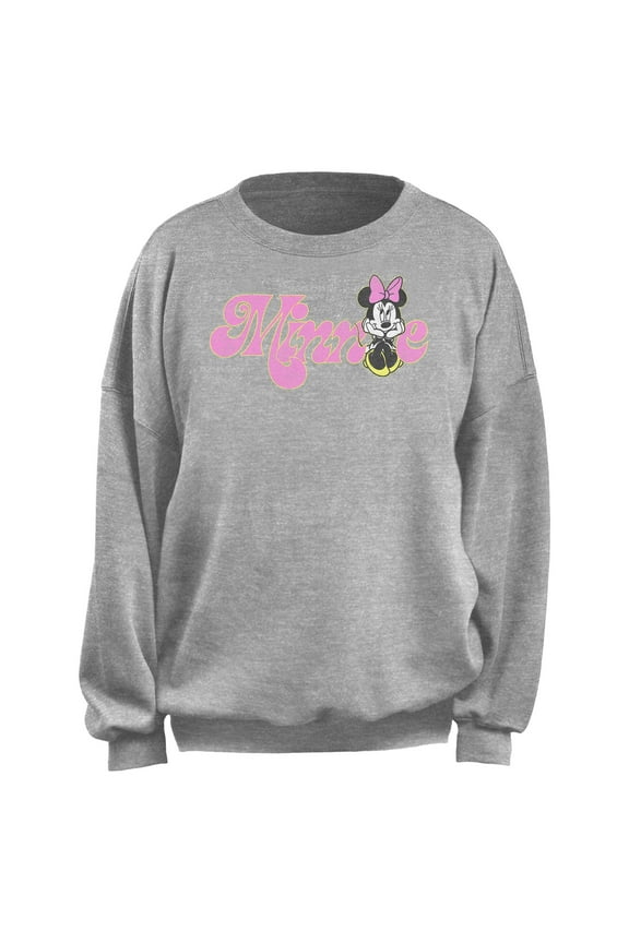 Junior's Minnie Mouse Distressed Retro Pink Logo Sweatshirt Heather Gray Medium