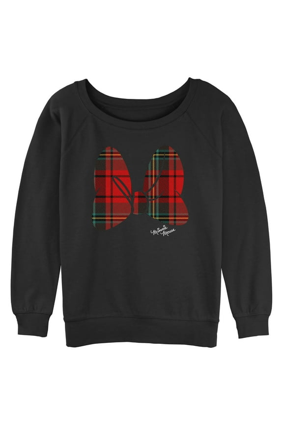 Junior's Minnie Mouse Plaid Bow Sweatshirt Black 2X Large