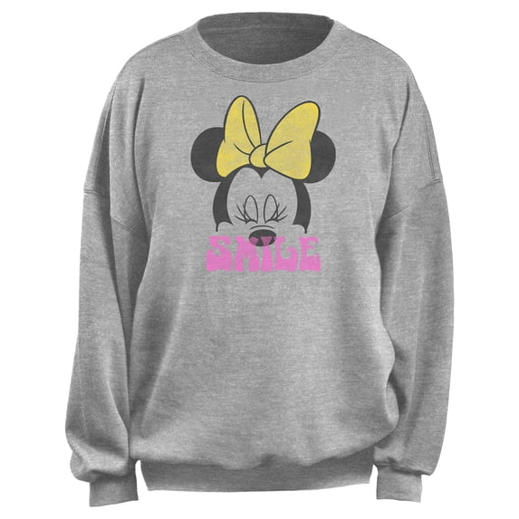 Junior's Minnie Mouse Smile Yellow Bow Minnie Sweatshirt Heather Gray X Large