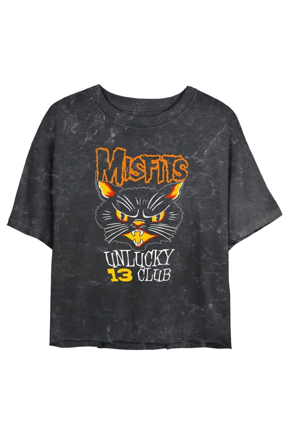 Junior's Misfits Unlucky 13 Club Cat Graphic Crop T-Shirt Black Medium