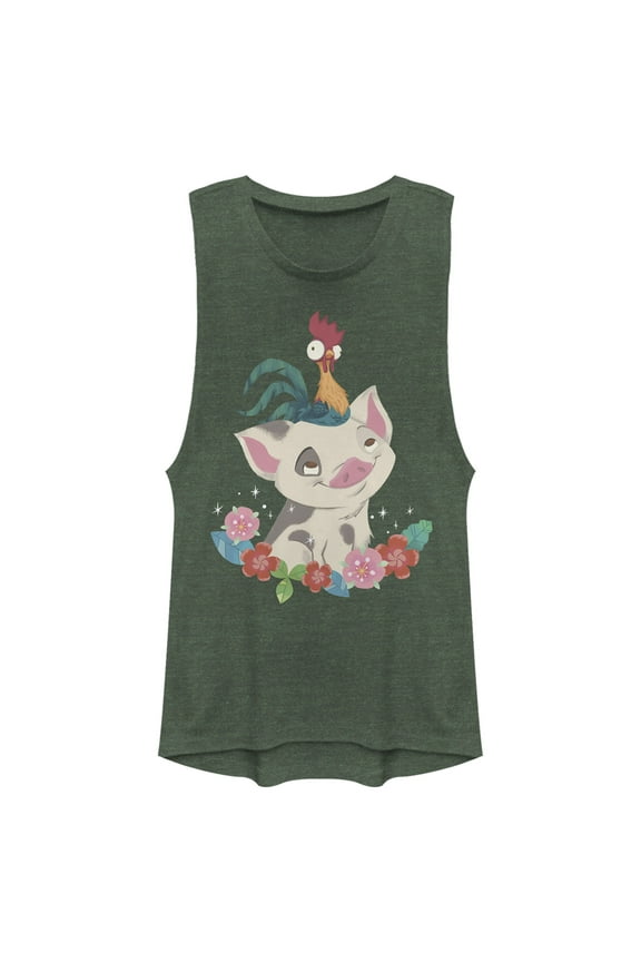 Junior's Moana Pua and Hei Hei Flowers Festival Muscle Graphic T-Shirt