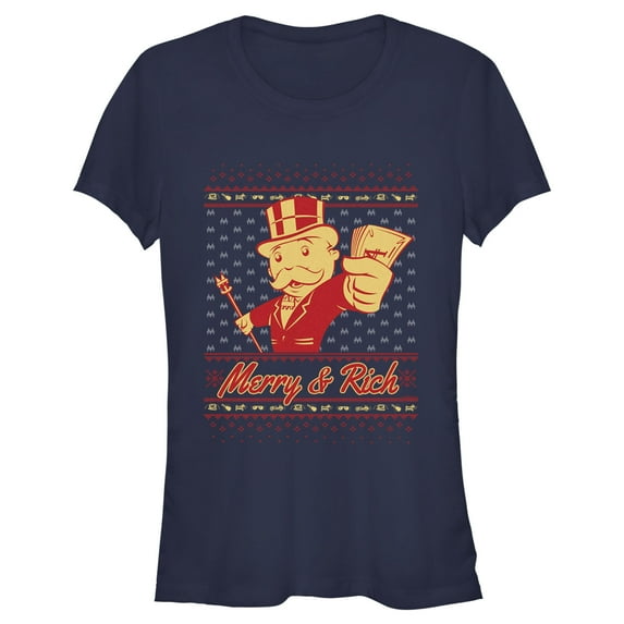 Junior's Monopoly Merry and Rich Graphic Tee Navy Blue Large