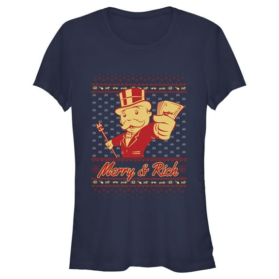 Junior's Monopoly Merry and Rich  Graphic Tee Navy Blue X Large
