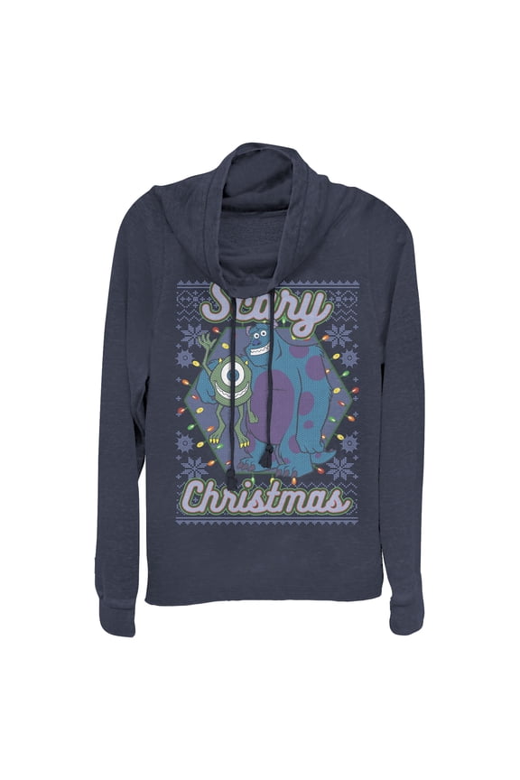 Junior's Monsters Inc Christmas Scary Monsters Cowl Neck Sweatshirt Navy Blue 2X Large