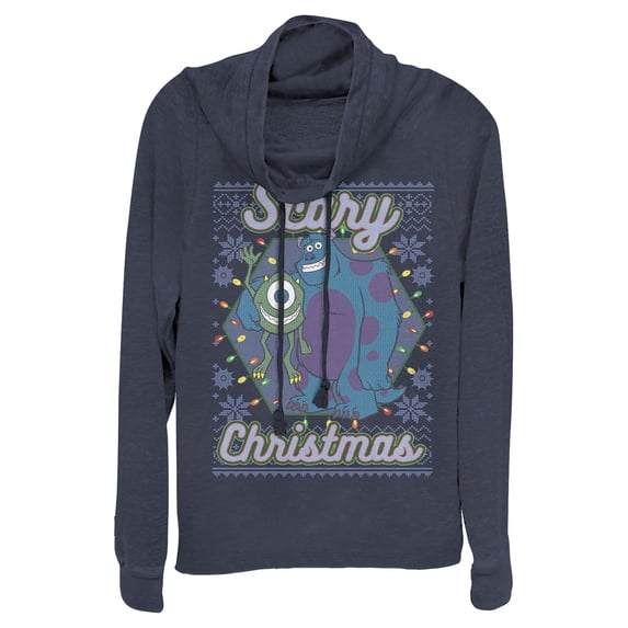 Junior's Monsters Inc Christmas Scary Monsters Cowl Neck Sweatshirt Navy Blue X Large