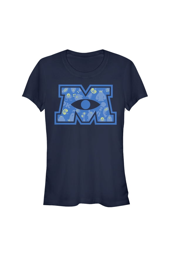 Junior's Monsters Inc M Eyeball Logo Graphic Tee Navy Blue Small