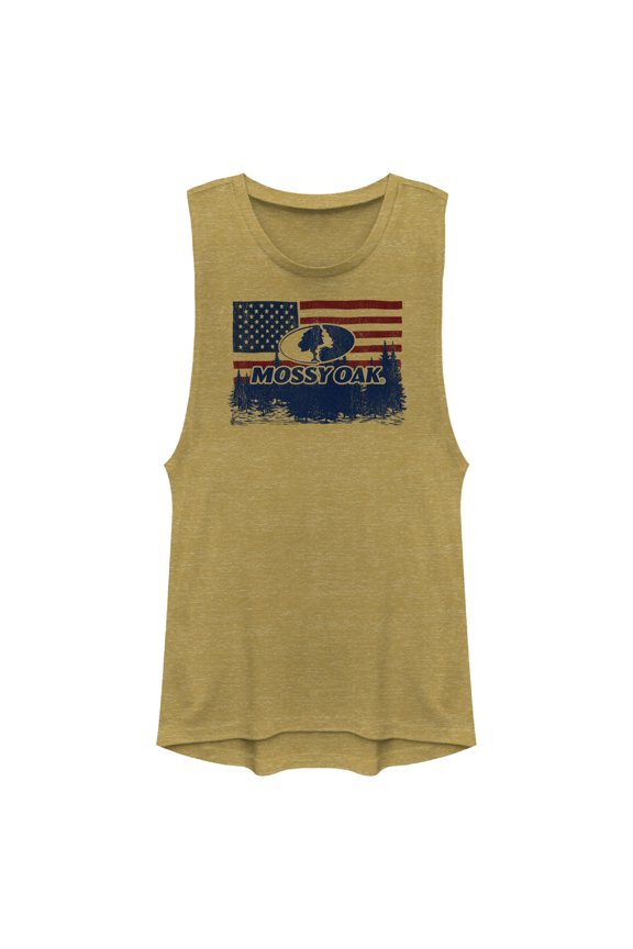 Junior's Mossy Oak American Flag Landscape Logo Festival Muscle Graphic Tee Antique Gold X Small