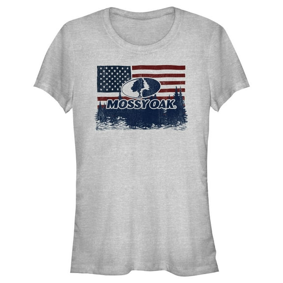 Junior's Mossy Oak American Flag Landscape Logo Graphic Tee Athletic Heather Small