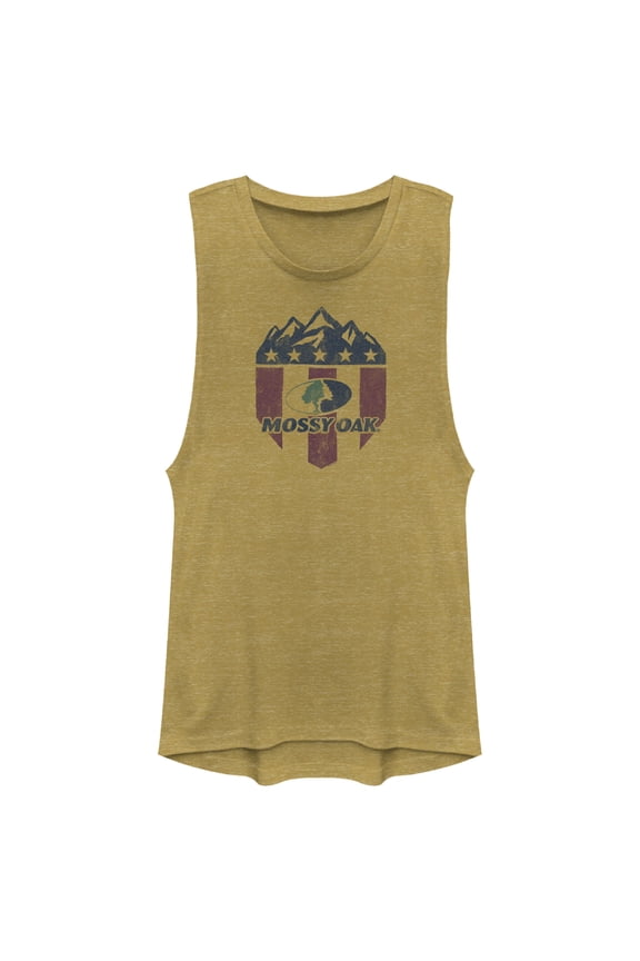 Junior's Mossy Oak American Flag Shield Logo Festival Muscle Graphic Tee Antique Gold X Large