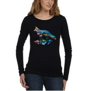 KOYOTEE Junior's Mountain Fox Black Long SLV V-Neck T-Shirt 2X-Large Black