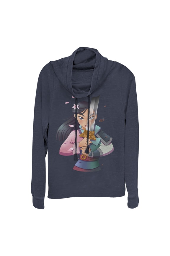 Junior's Mulan Anime Reflection Cowl Neck Sweatshirt Navy Blue Small