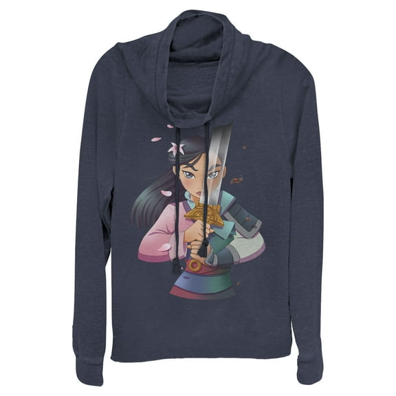 Junior's Mulan Anime Reflection  Cowl Neck Sweatshirt Navy Blue X Small