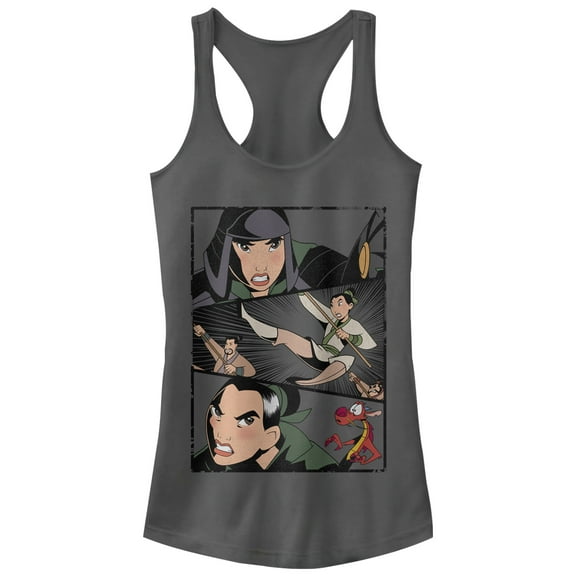 Junior's Mulan Battle Panels  Racerback Tank Top Charcoal Large