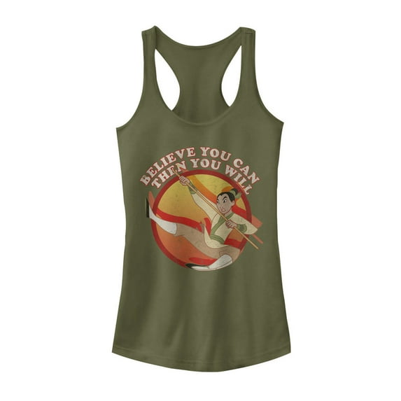 Junior's Mulan Believe You Can Racerback Tank Top Military Green Large
