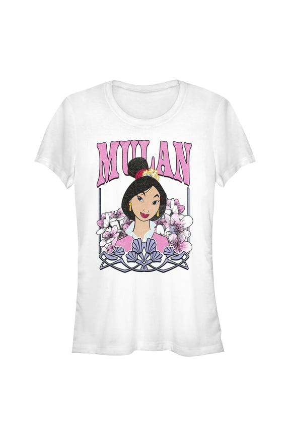 Junior's Mulan Distressed Floral Portrait Graphic Tee White Large