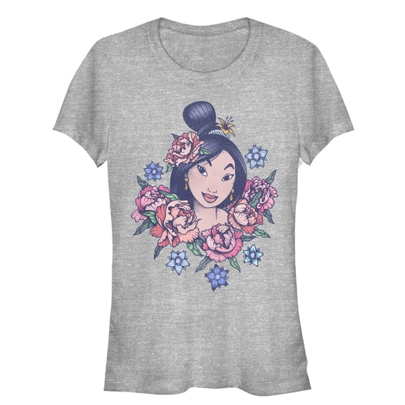Junior's Mulan Floral Portrait Graphic Tee Athletic Heather Small