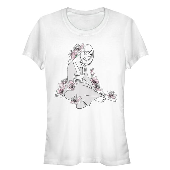 Junior's Mulan Floral Pose Graphic Tee White Medium