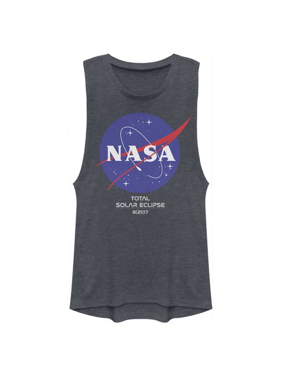 Junior's NASA Classic Logo Total Solar Eclipse 2017 Festival Muscle Graphic Tee Denim Blue Heather Large