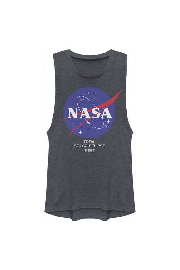 Junior's NASA Classic Logo Total Solar Eclipse 2017 Festival Muscle Graphic Tee Denim Blue Heather Small