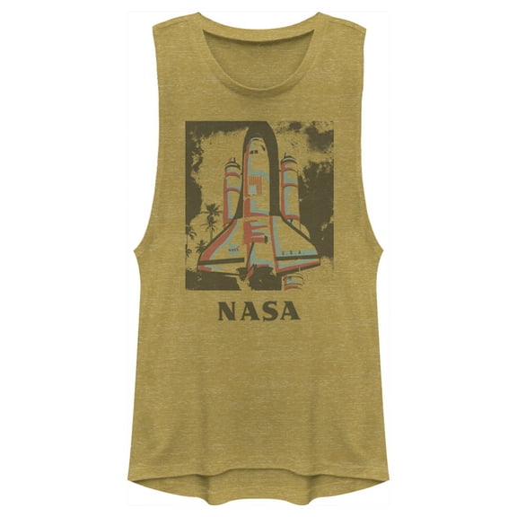 Junior's NASA Color Pop Launch Edgy Palm Tree  Festival Muscle Graphic Tee Gold Heather Medium