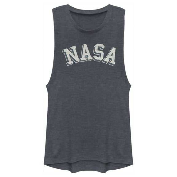 Junior's NASA Curved 3D Bold Logo Festival Muscle Graphic Tee Denim Blue Heather Medium
