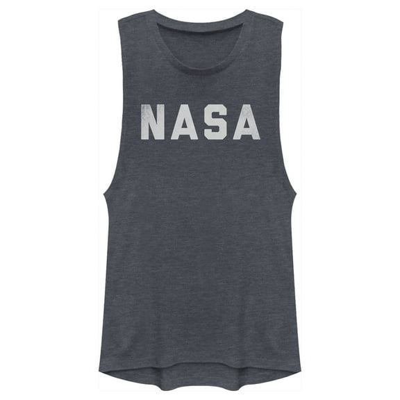Junior's NASA Flat Text Simple Logo  Festival Muscle Graphic Tee Denim Blue Heather Large