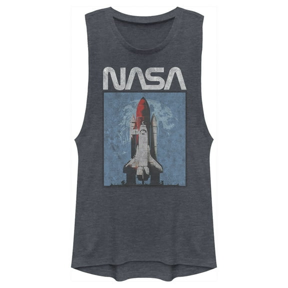 Junior's NASA Logo Shuttle Rocket Ship Poster Style  Festival Muscle Graphic Tee Denim Blue Heather Small