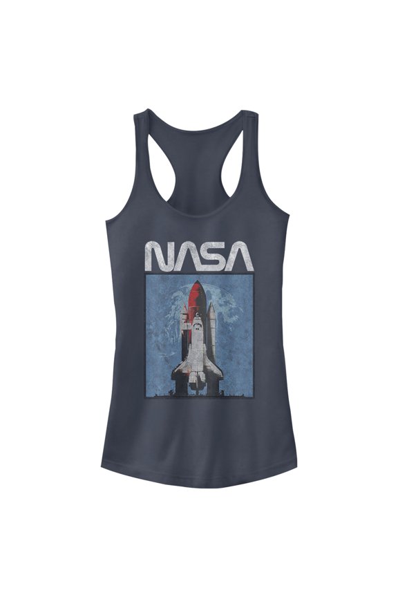 Junior's NASA Logo Shuttle Rocket Ship Poster Style Racerback Tank Top Indigo Large