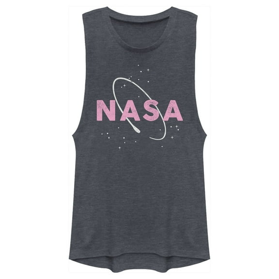 Junior's NASA Logo With Space Ring Festival Muscle Graphic Tee Denim Blue Heather X Large