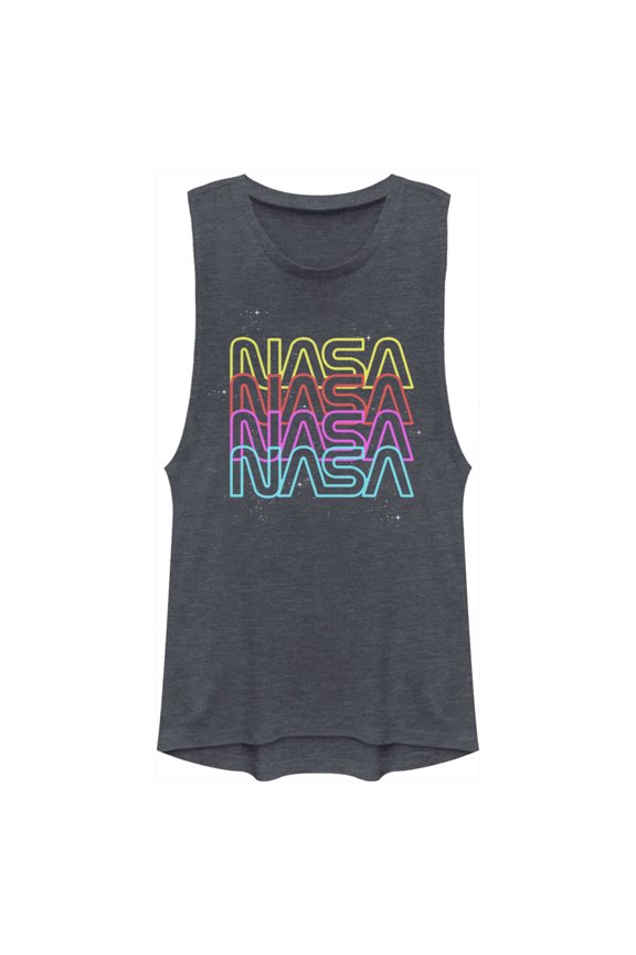 Junior's NASA Neon Rainbow Repeat Text Logo Festival Muscle Graphic Tee Denim Blue Heather 2X Large