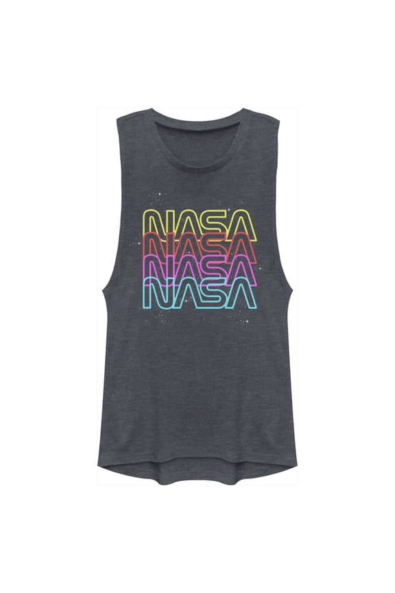 Junior's NASA Neon Rainbow Repeat Text Logo Festival Muscle Graphic Tee Denim Blue Heather Medium