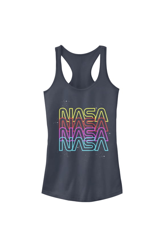 Junior's NASA Neon Rainbow Repeat Text Logo Racerback Tank Top Indigo Small