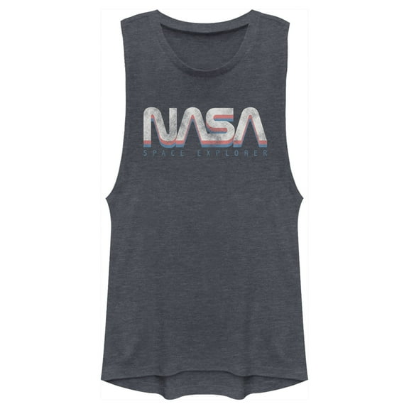 Junior's NASA Official Space Explorer Retro Logo  Festival Muscle Graphic Tee Denim Blue Heather Large