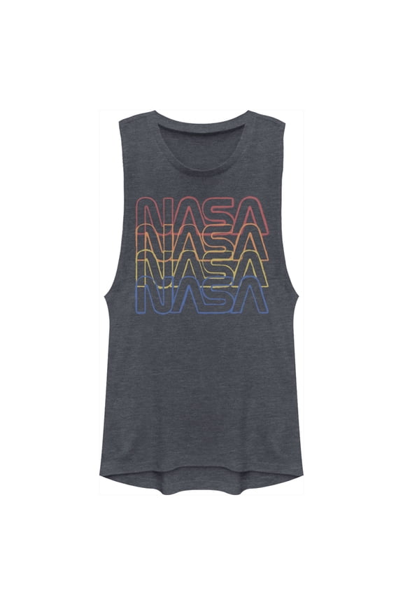 Junior's NASA Rainbow Repeat Logo Festival Muscle Graphic Tee Denim Blue Heather Large