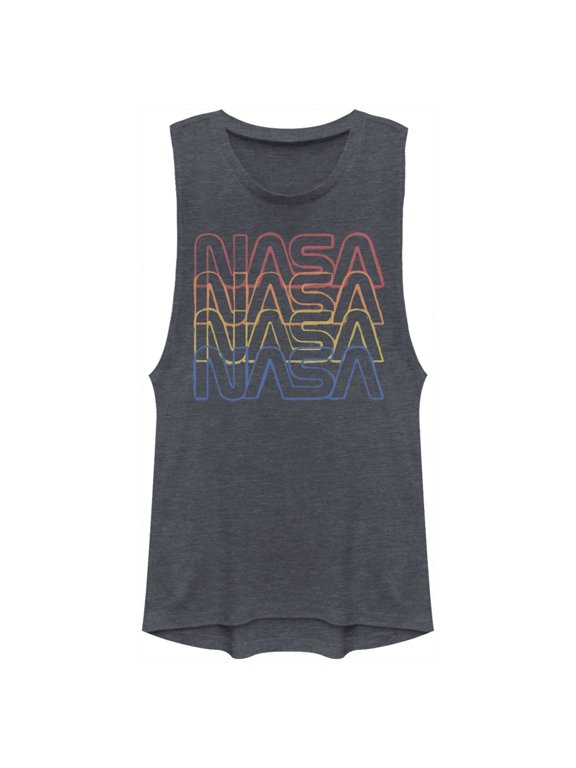 Junior's NASA Rainbow Repeat Logo Festival Muscle Graphic Tee Denim Blue Heather Large