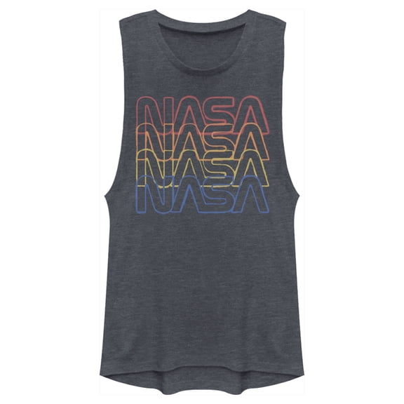 Junior's NASA Rainbow Repeat Logo Festival Muscle Graphic Tee Denim Blue Heather Medium