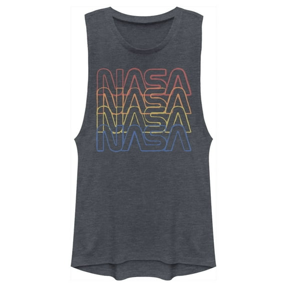 Junior's NASA Rainbow Repeat Logo Festival Muscle Graphic Tee Denim Blue Heather Small